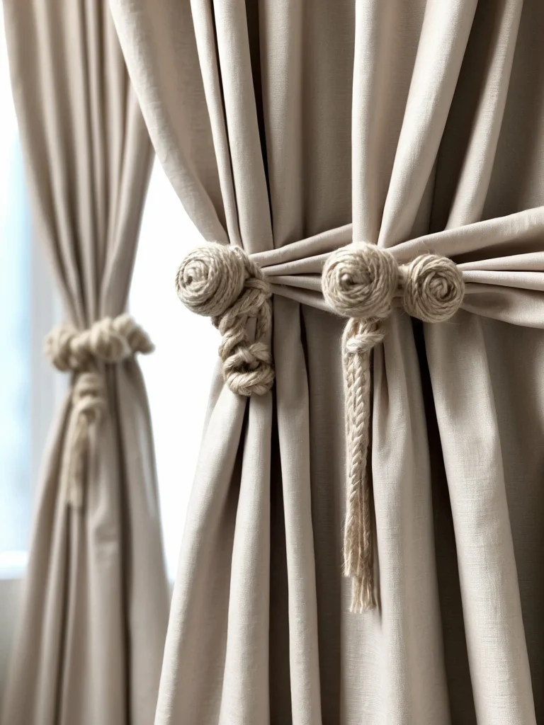 neutral linen curtain tie backs in modern farmhouse home