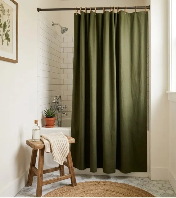 olive green shower curtain with wood bathroom accents
