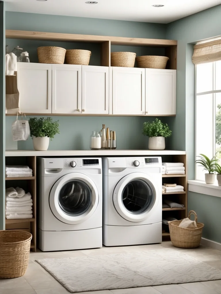 laundry room with open shelves and lower storage cabinets