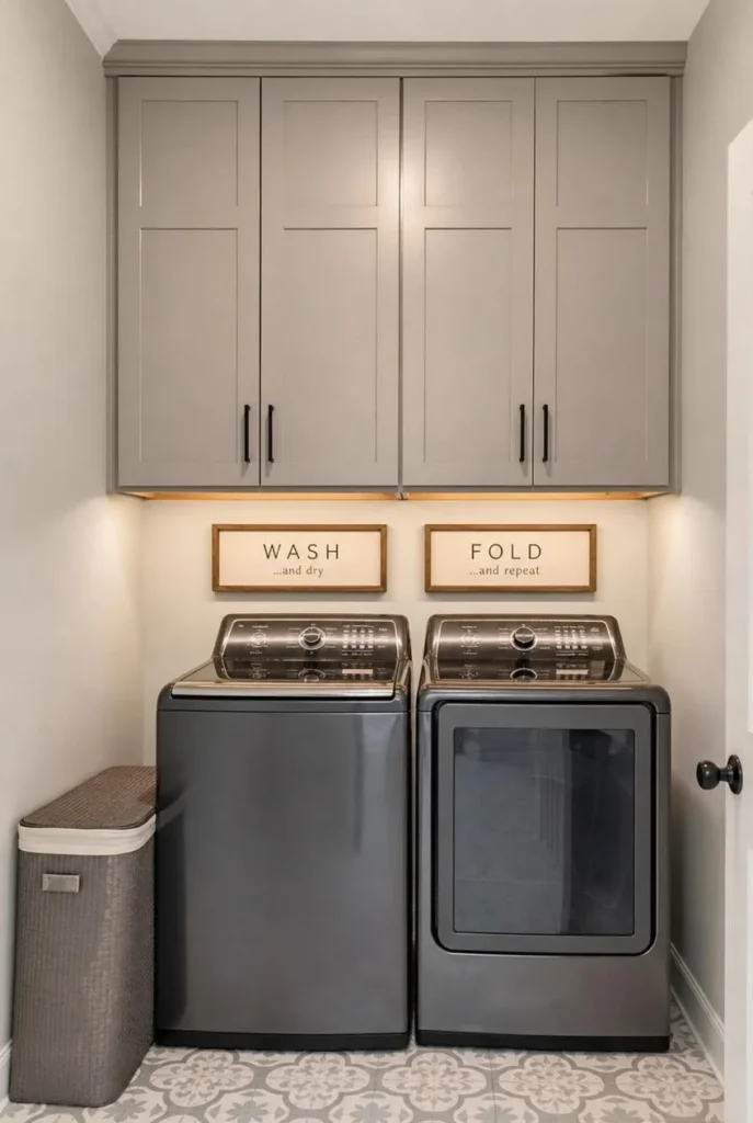 small laundry room with overhead storage cabinets