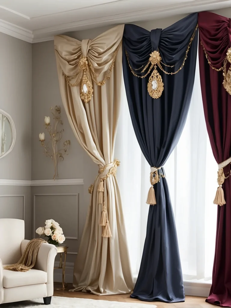 oversized statement curtain tie backs on large living room windows