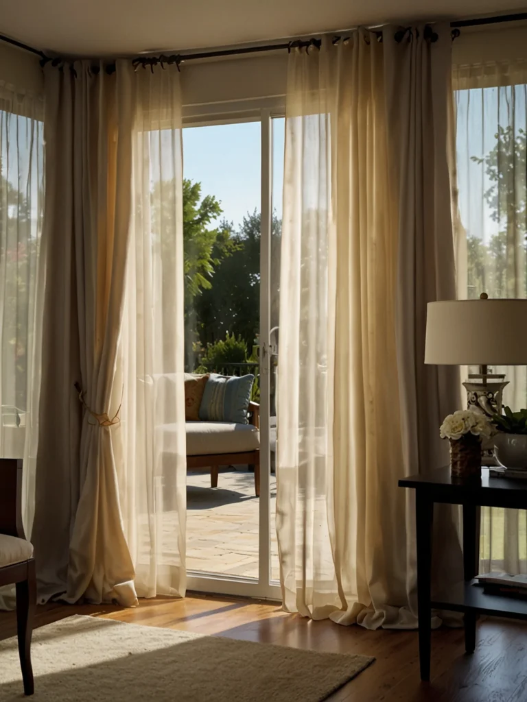 layered sheer and blackout curtains covering patio doors