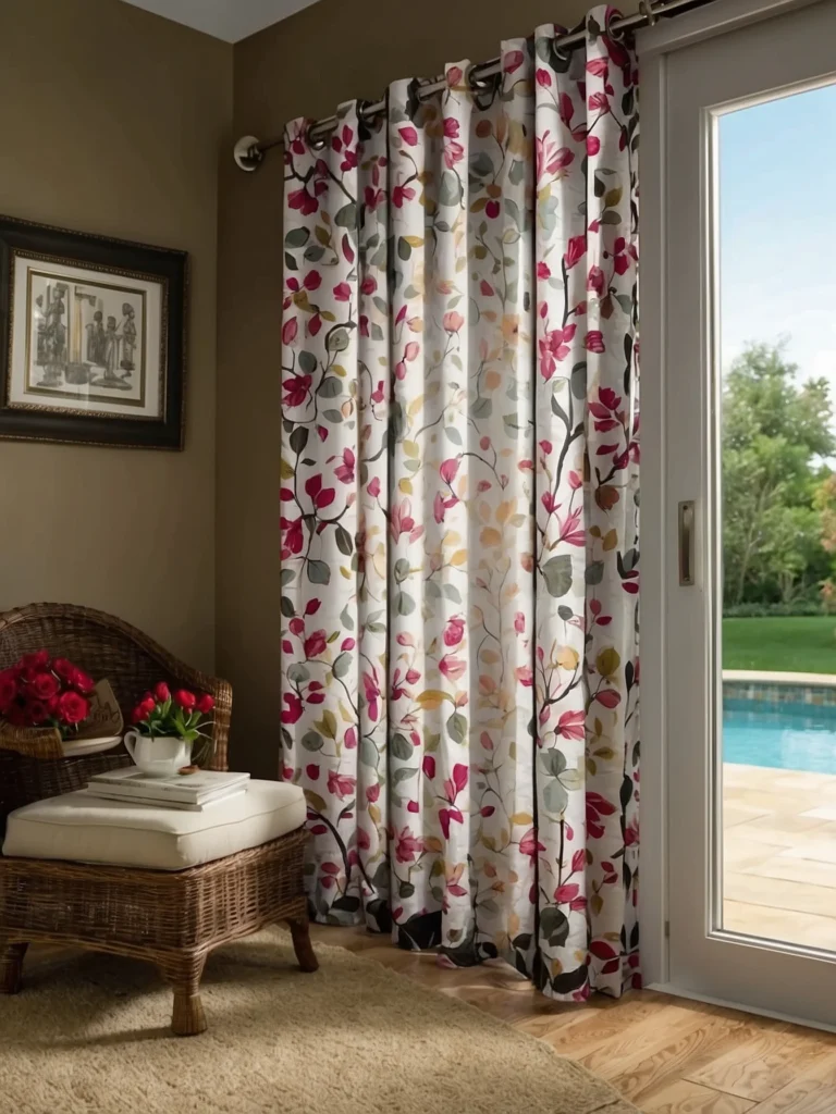 patterned curtains covering large sliding glass patio doors