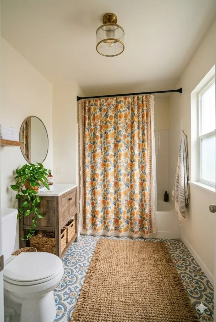 simple bathroom rental makeover with high shower curtain