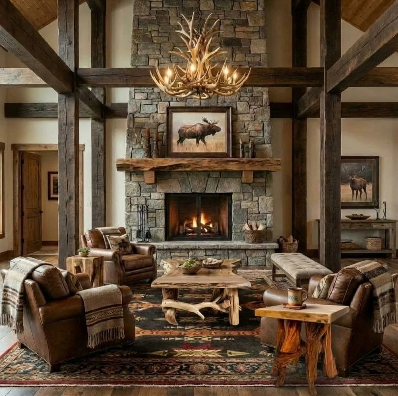 rustic cabin living room with wood beams and leather furniture