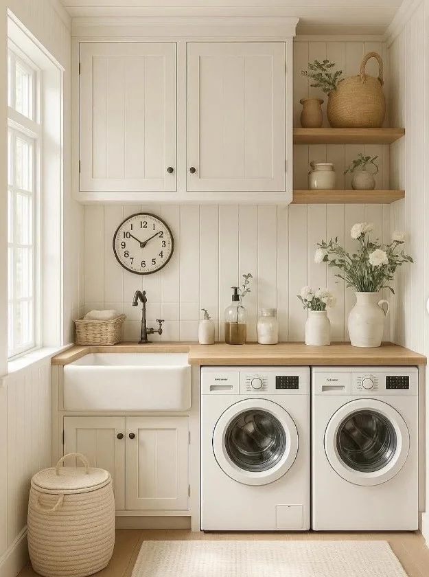 rustic farmhouse laundry room cabinets with wood accents