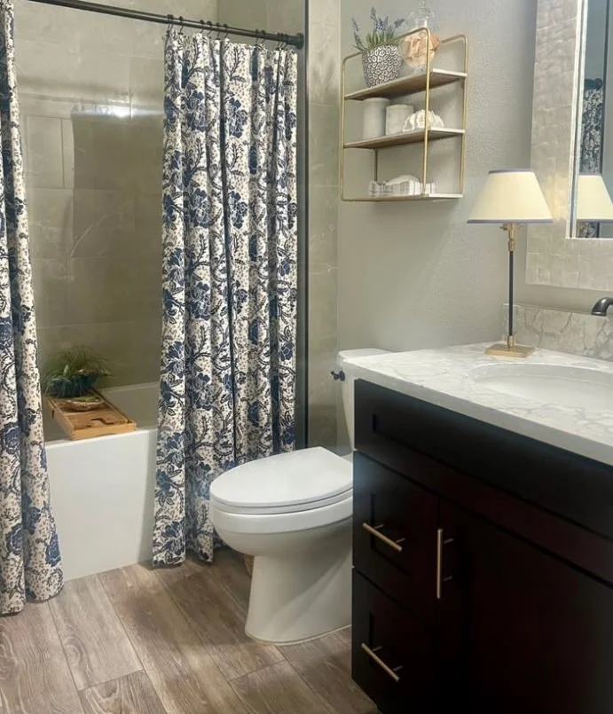 minimal patterned shower curtain in modern bathroom