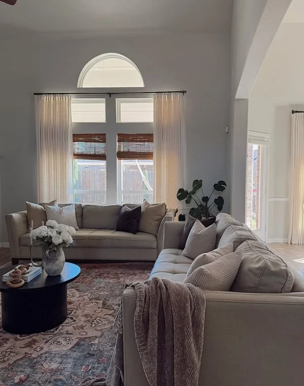 farmhouse linen curtains in cozy rustic sitting room