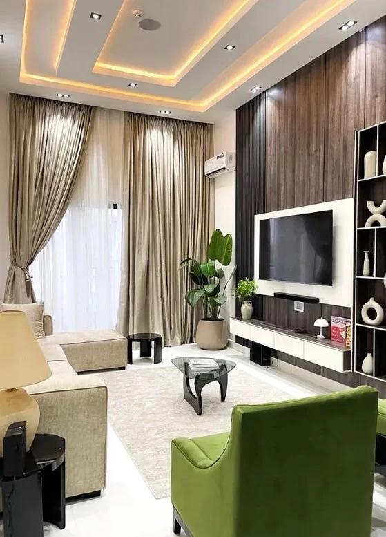floor to ceiling beige sitting room curtains with modern neutral decor