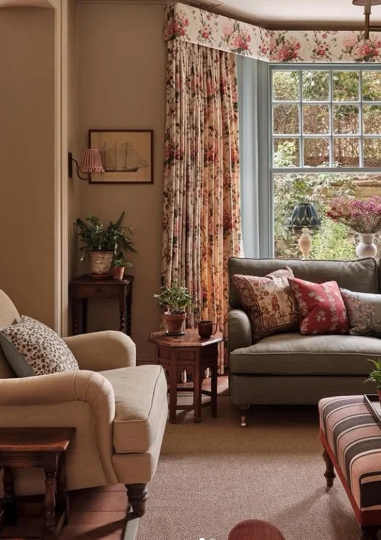 floral sitting room curtains adding color to neutral decor