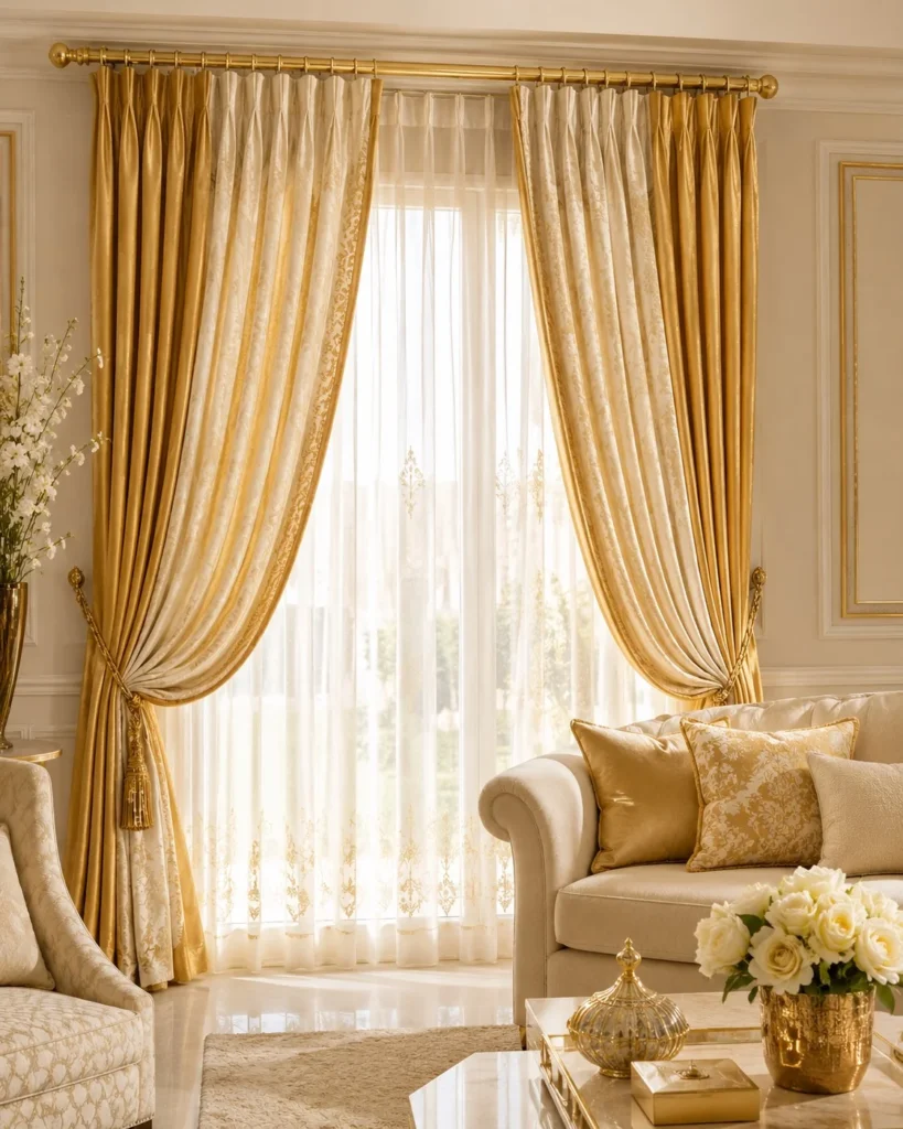 gold and cream luxury curtains in elegant sitting room
