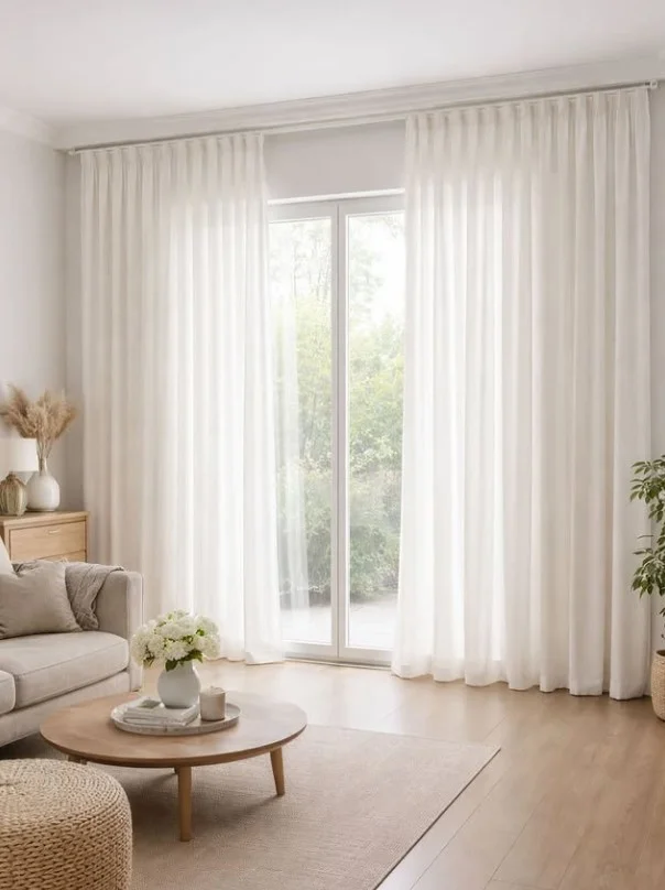 white sheer curtains in bright sitting room with large windows