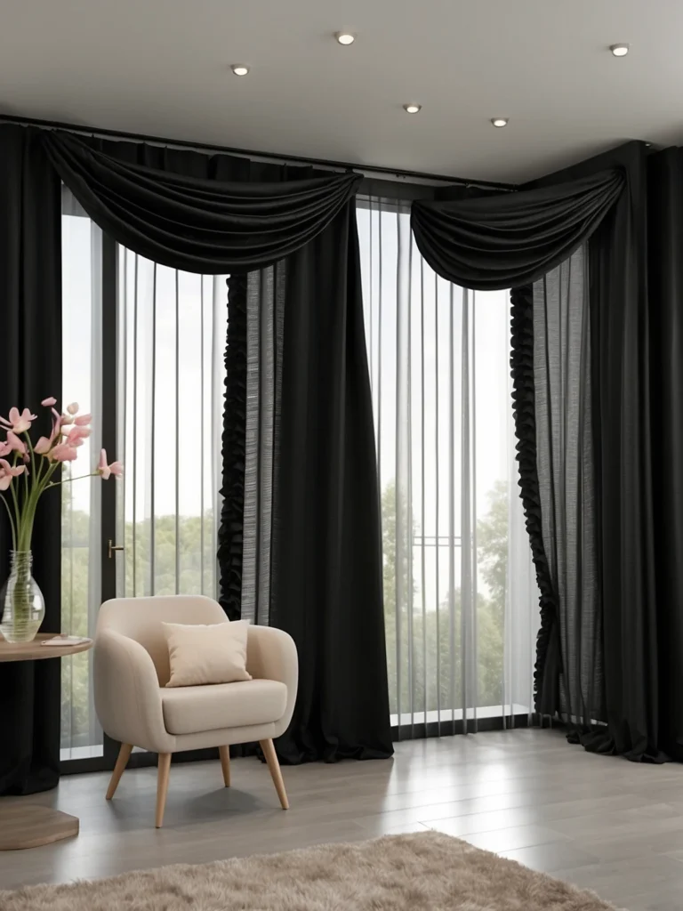 black sliding door curtains creating dramatic contemporary interior