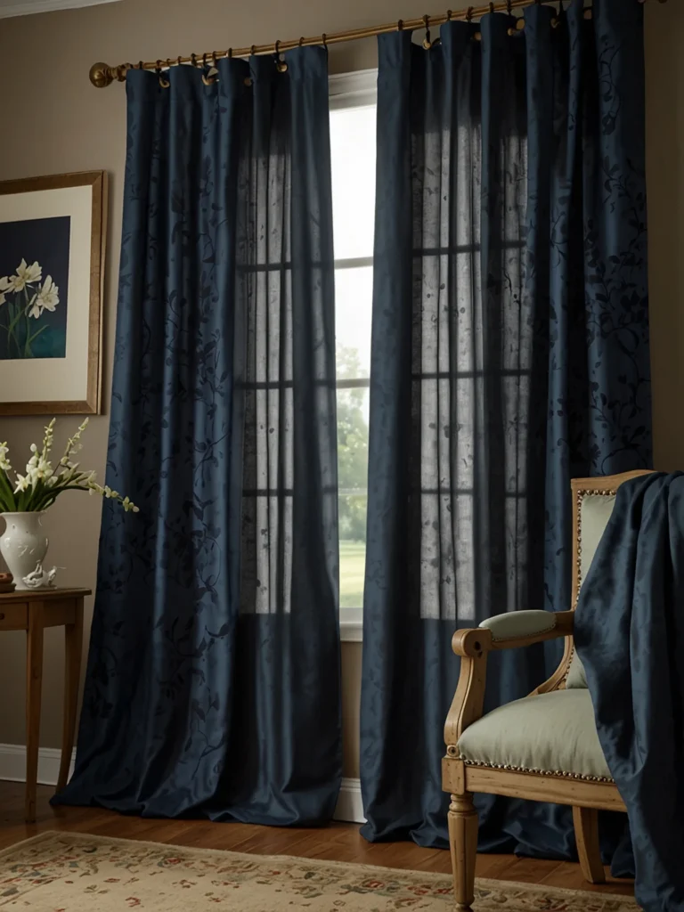 navy blue sliding door curtains in sophisticated modern home
