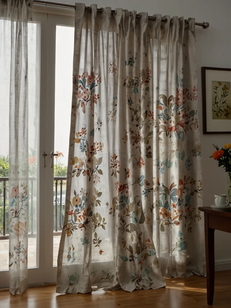 patterned linen curtains covering large sliding patio doors