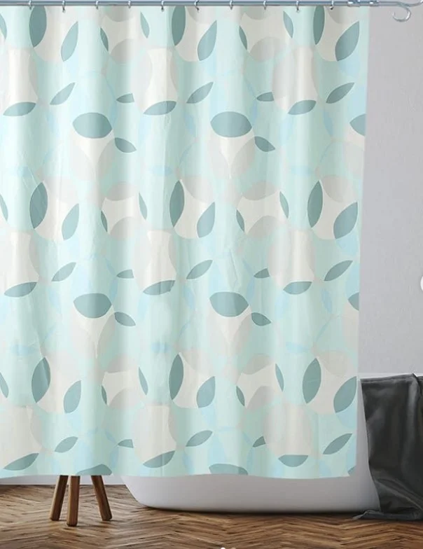 soft blue shower curtain creating spa style bathroom