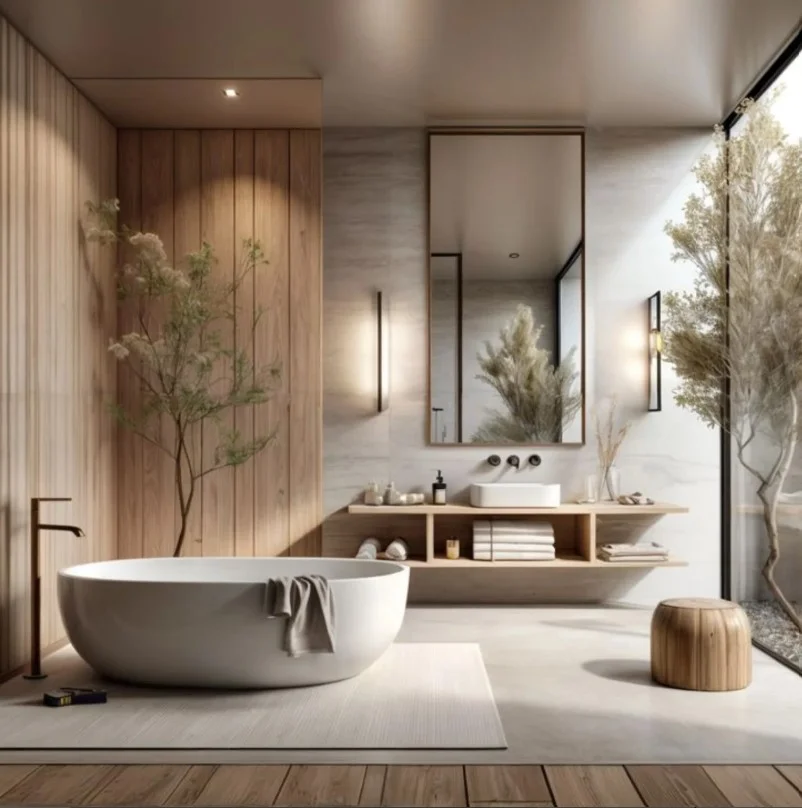 spa inspired japandi bathroom with plants and towels