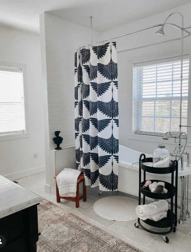 black and white tall shower curtain with modern bathroom style