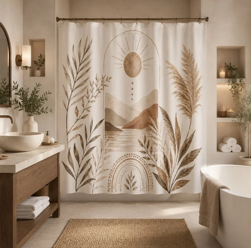 boho tall shower curtain with textured bathroom decor