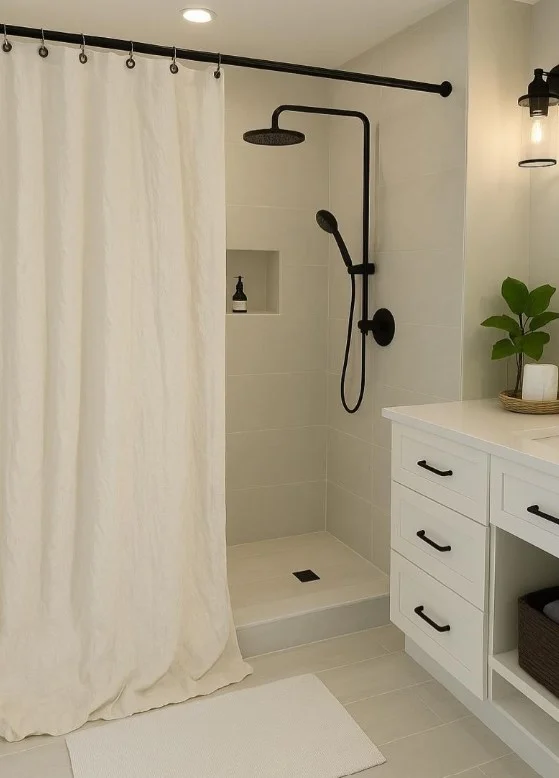 minimalist white tall shower curtain with clean bathroom design
