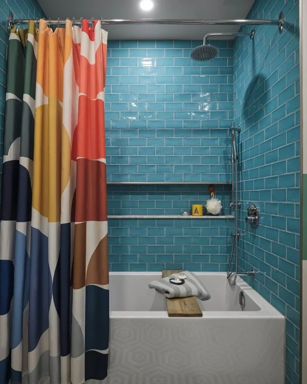 geometric tall shower curtain in contemporary bathroom design