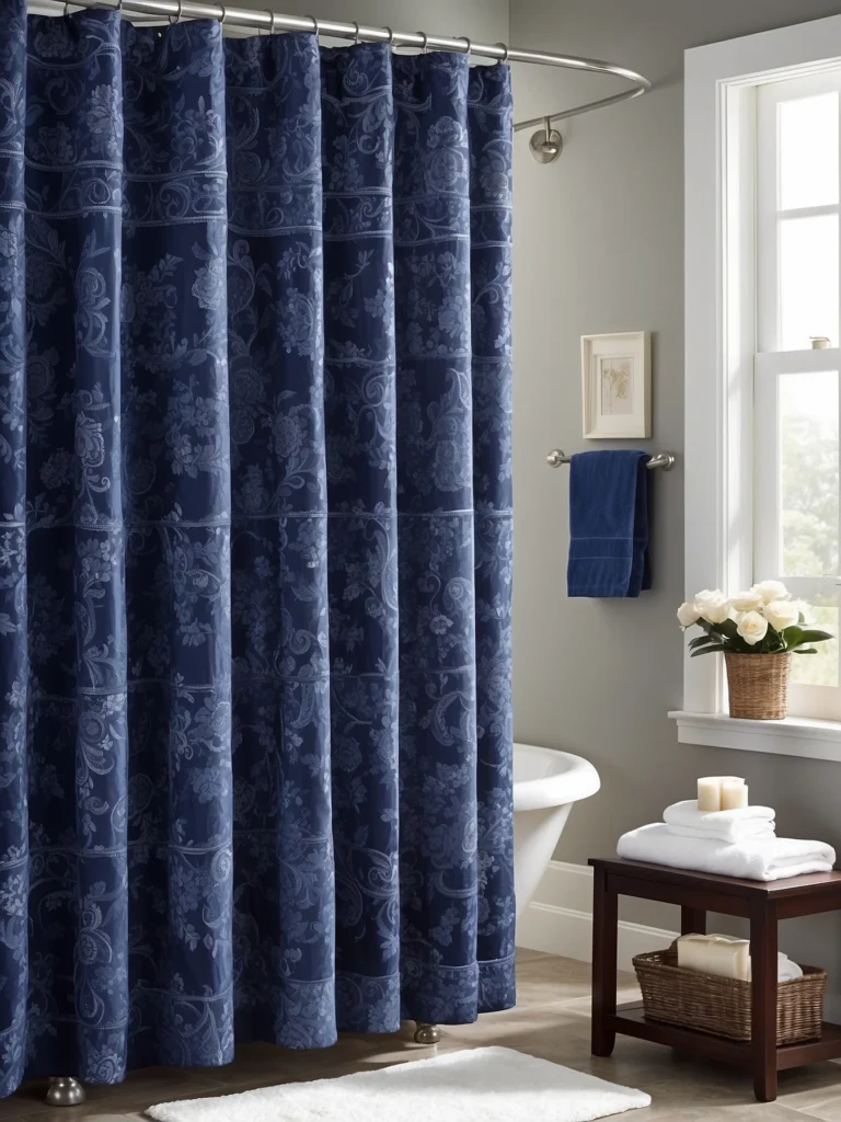 navy blue tall shower curtain adding elegance to bathroom