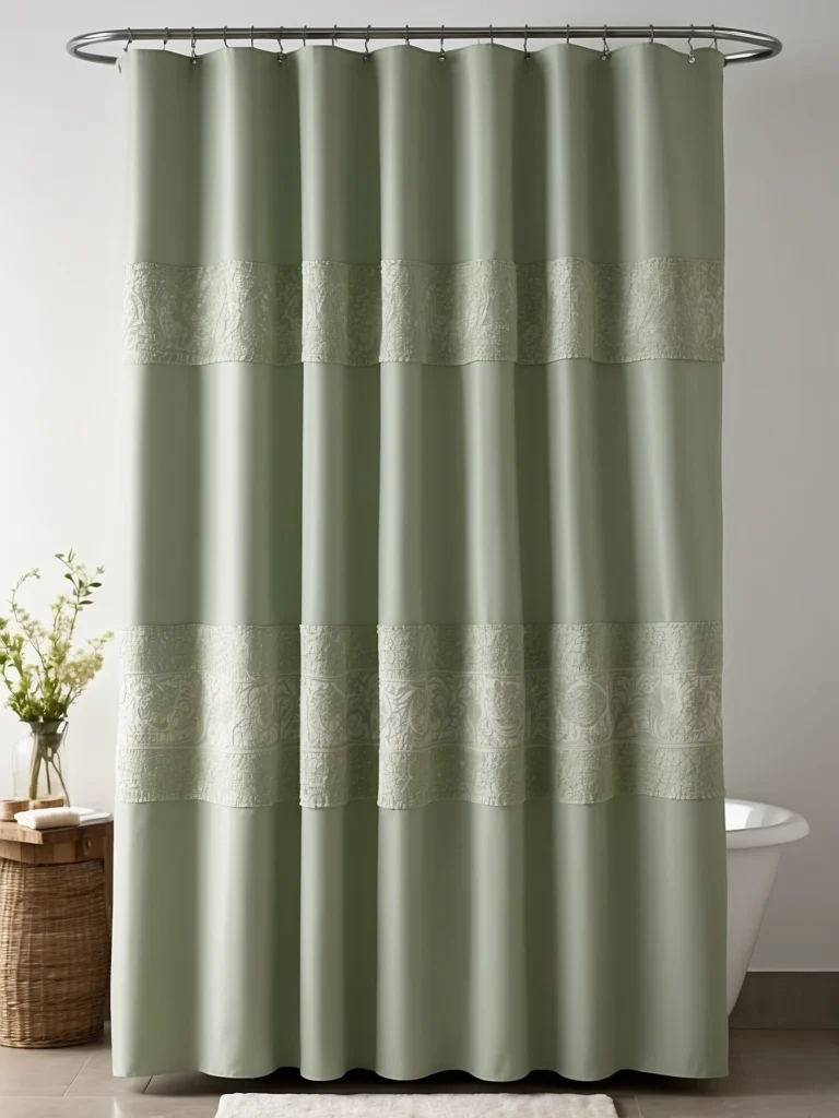 sage green tall shower curtain in calming bathroom design