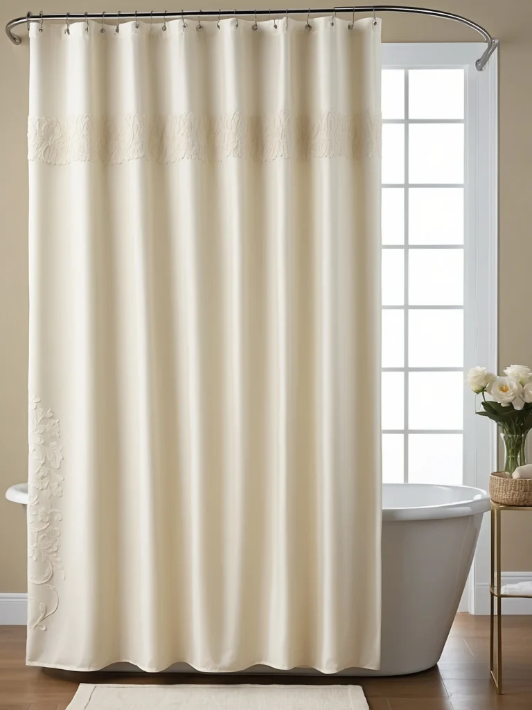 cream colored tall shower curtain in elegant bathroom