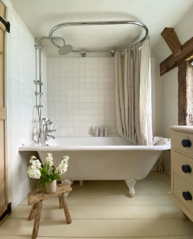 soft linen tall shower curtain in neutral spa bathroom