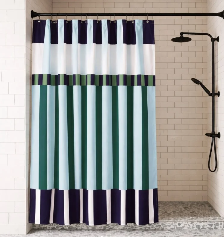vertical stripe tall shower curtain making bathroom look taller