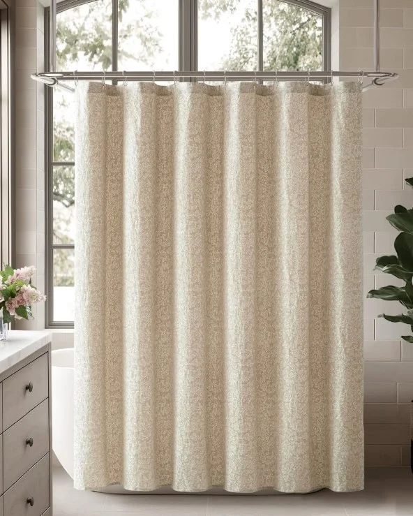 textured cotton shower curtain with neutral decor