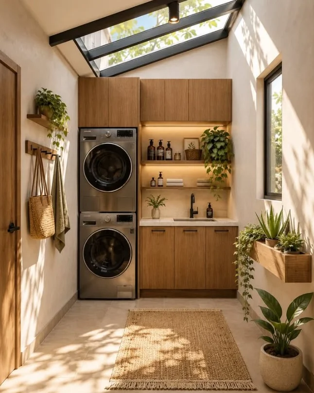 tiny home Sims 4 laundry nook with stacked appliances