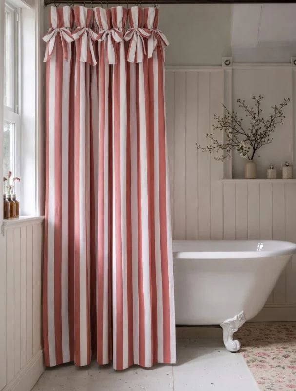 vertical striped shower curtain making bathroom look taller