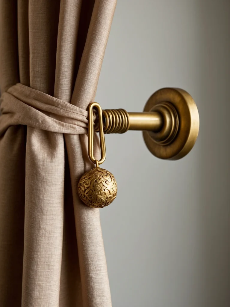 vintage brass curtain holdbacks with classic drapery panels