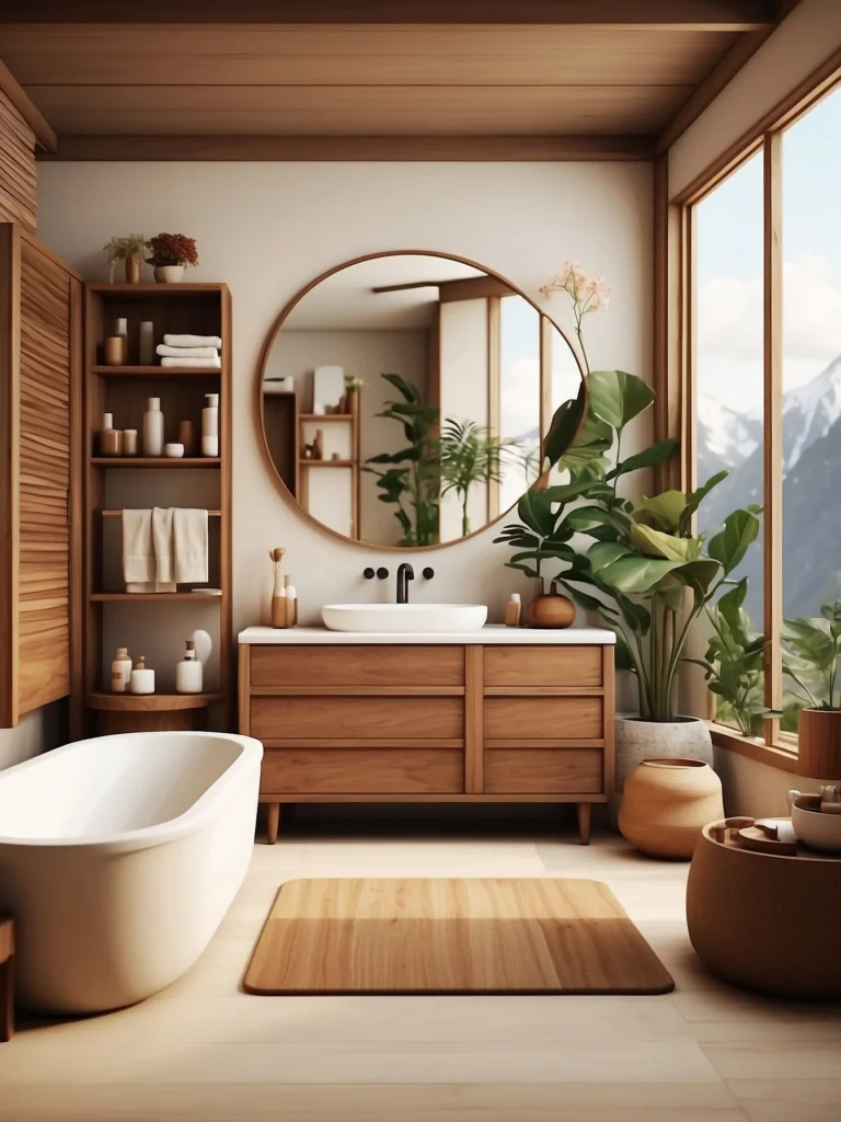 warm walnut bathroom cabinets in mid century japandi style