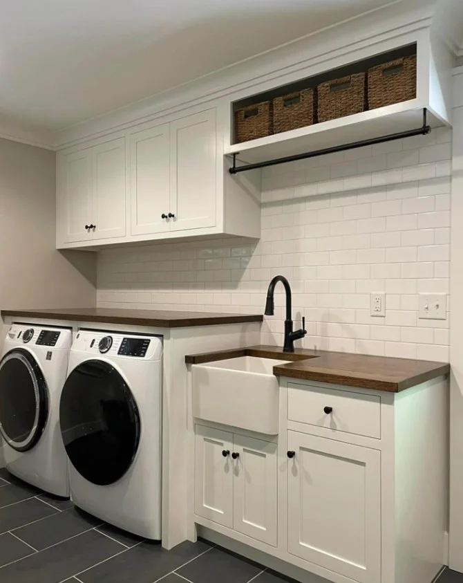 white shaker laundry room cabinets with modern storage design