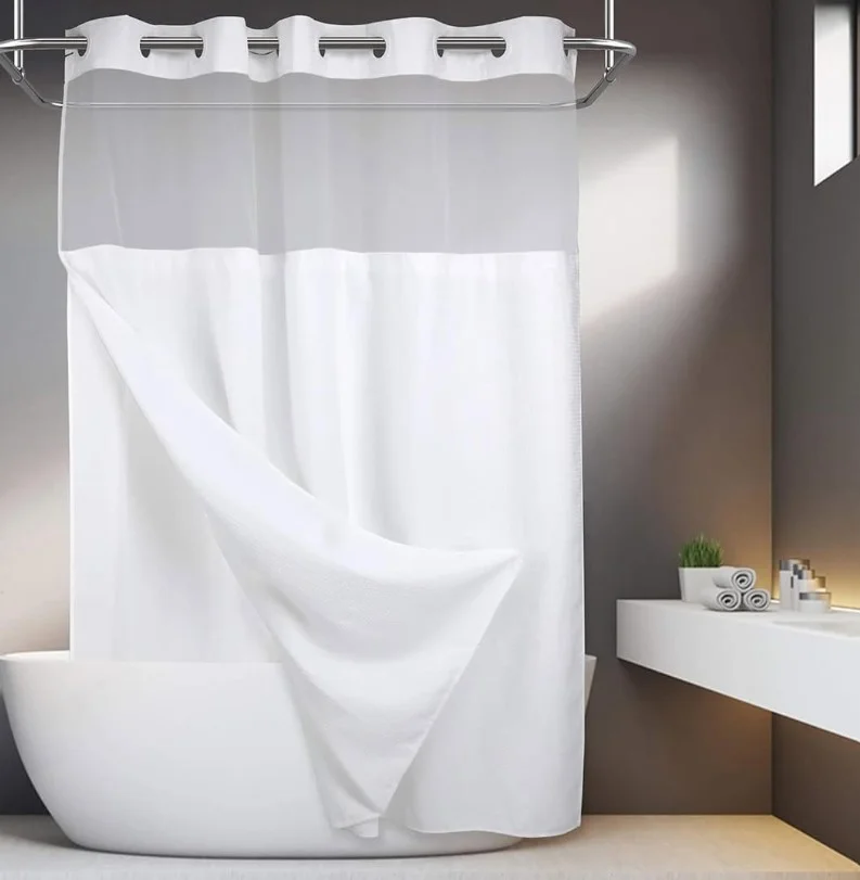 white waffle weave shower curtain in bright modern bathroom