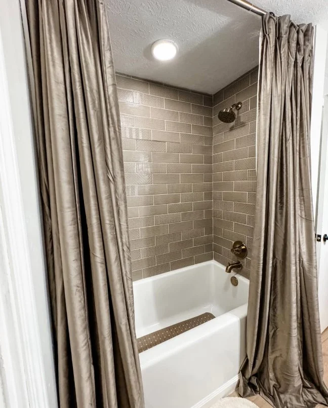 white waffle weave shower curtain in luxury bathroom
