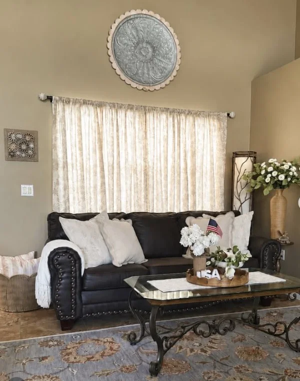 farmhouse living room curtains with rustic home decor