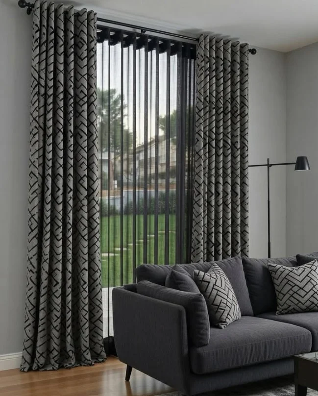 geometric patterned curtains in contemporary living room