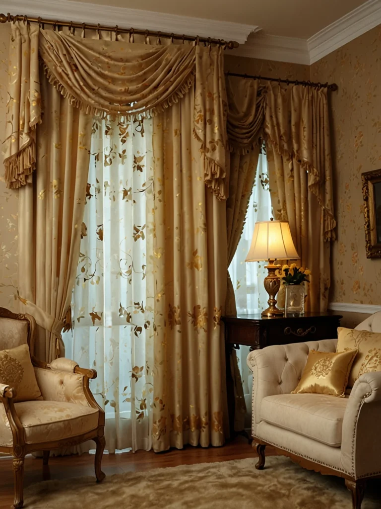 gold and cream curtains in elegant traditional living room