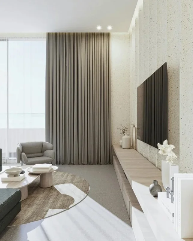 gray curtain panels in contemporary living room design
