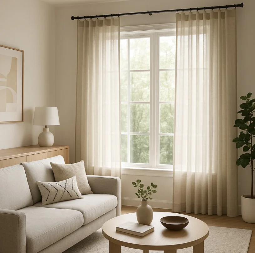 minimalist white curtain panels in modern living room