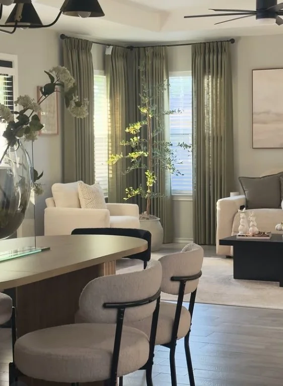 sage green curtains in modern nature inspired living room