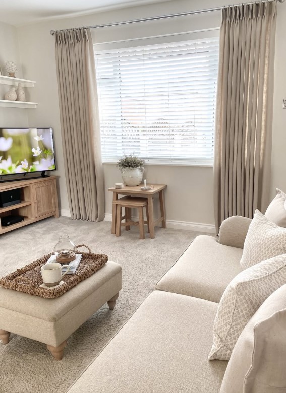 soft linen curtains in cozy modern living room