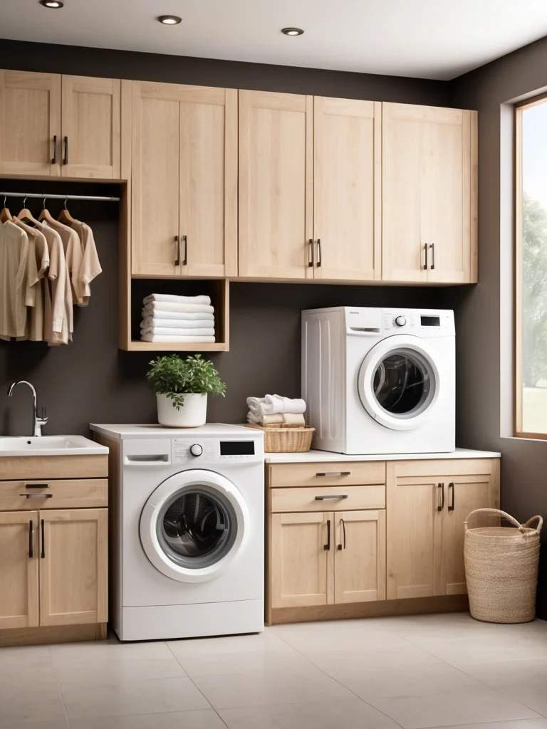 natural wood grain laundry room cabinets in cozy home