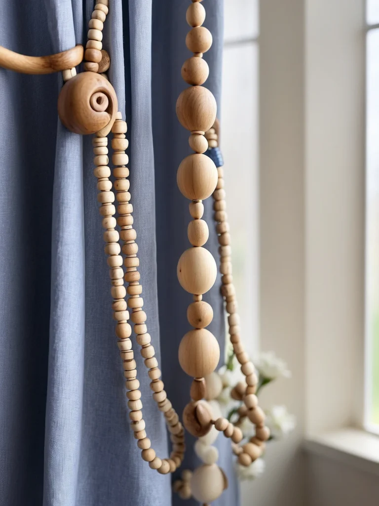 wooden bead curtain tie backs with white linen curtains in cozy living room