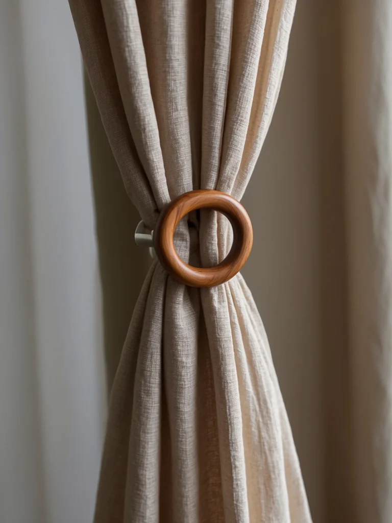 wooden ring curtain tie backs with natural linen drapes
