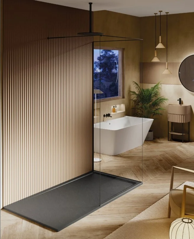 wood slat accent wall in japandi bloxburg bathroom